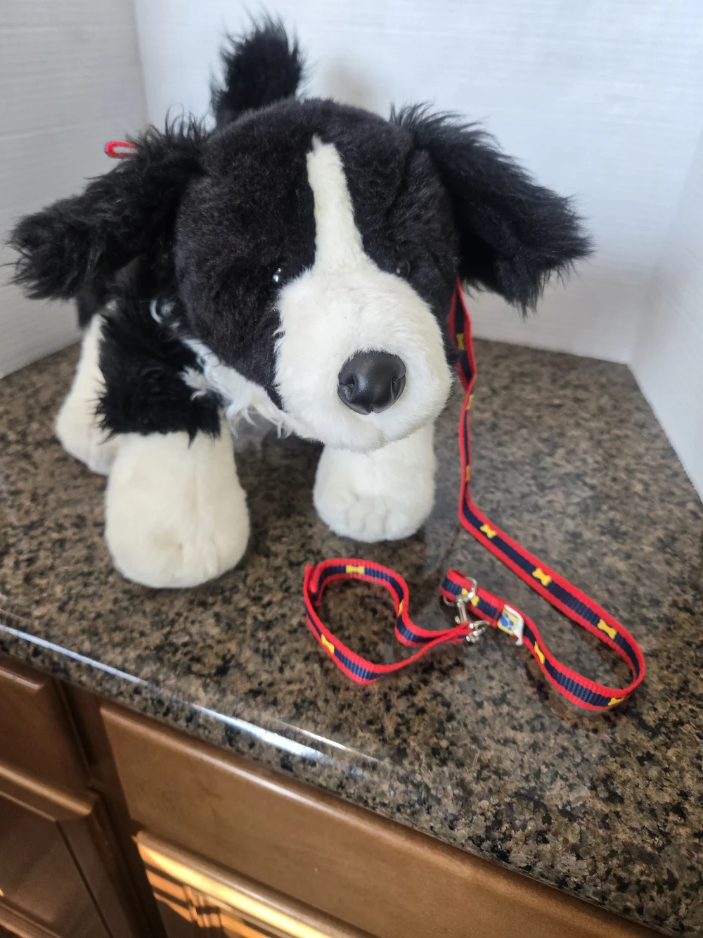 Build A Bear Workshop Black & White Plush Dog Toy with Red Patterned Leash